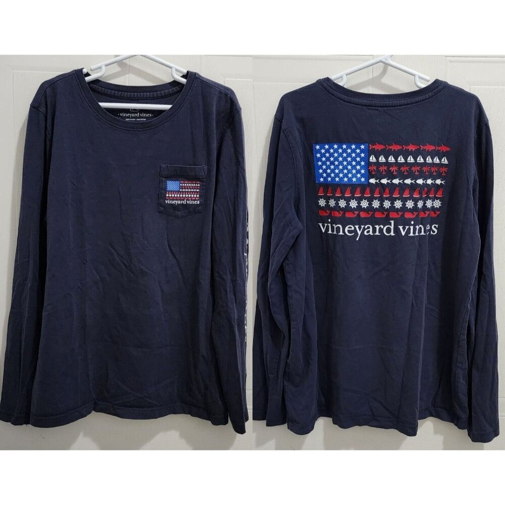 Vineyard Vines USA Flag Blue Long Sleeve Pocket T Shirt‎ Youth Size L (14)